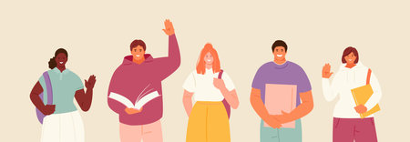 Smiling multiethnic group of students with books in their hands. Vector illustration