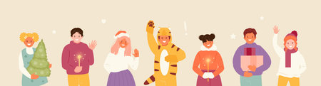 Kids celebrating the new year 2022 and Christmas. Children have a holiday at school, kindergarten....