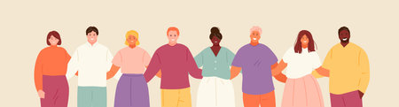 Group of hugging people of different nationality. Unity and support, friendship vector illustrationのイラスト素材