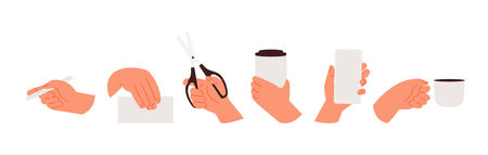 Cartoon hands and gestures with different objects. Hands with scissors, hold a pen, coffee, smartphone, card. Vector setのイラスト素材