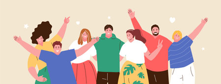 Happy hugging people friends waving their hands. Youth Day, friendship, team. Vector charactersのイラスト素材