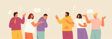 Aggressive groups of people quarrel and shout. Confrontation and rivalry between colleagues or teams, conflict between neighbors, disagreements. Vector charactersのイラスト素材