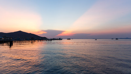 Bang Sare / Thailand - April 14 2018: Sunset view at Bang Sare Beach, Sattahip District in Chonburi Province.のeditorial素材