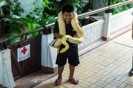 Bangkok / Thailand - May 11 2018: children with Snake Show and shown to tourists at Serpentarium,...