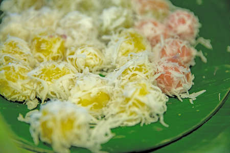 Thai style cassava dessert in banana leaf plate