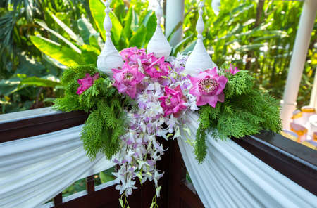 Bouquet Lotus flower and white orchid, setup in the wedding event.の写真素材