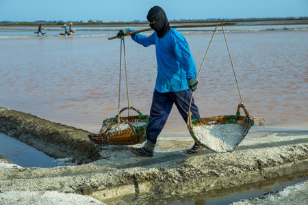 Samut Songkhram / Thailand - April 14 2019 : Men carry heavy loads salt and keep salt in a Salt barnのeditorial素材