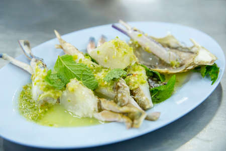 Top view of Spicy papaya salad with pickled horse crabの写真素材
