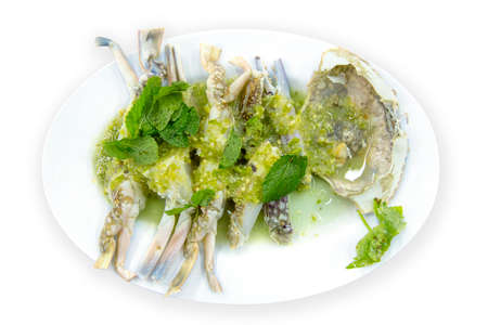 Top view of Spicy papaya salad with pickled horse crabの写真素材