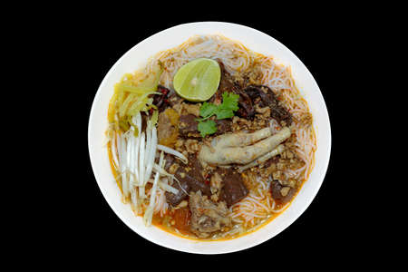 Traditional spicy rice noodle soup call Nam ngiao from Northern of Thailand, focus selective.の写真素材