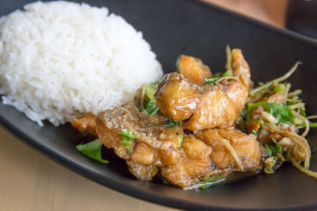 Stir fried sea bass with celery and rice, focus selective.の写真素材