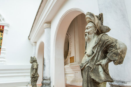 Nakhon Pathom / Thailand - July 25 2020: Chinese Warrior Stone Statues stand in Thai temple at Wat Phra Pathom Chedi(Big pagoda)のeditorial素材