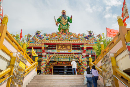 Samut Sakhon, THAILAND - September 12, 2020: The statue of Guan Yu, beautiful Buddhist Temple Attraction for tourist at Ban Phaeo distric, It is one of the most popular in Samut Sakhon.のeditorial素材