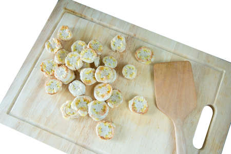 Top view of fresh Ripe cultivated banana isolated on white background, focus selective.の写真素材