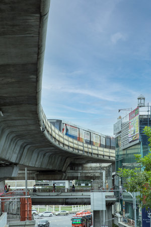 Bangkok / Thailand - June 15 2021: The Train coming at BTS Victory Monument Station, in Bangkok BTS or Skytrain is Bangkok Mass Transit System One of the most convenient methods to travel around Bangkok.のeditorial素材