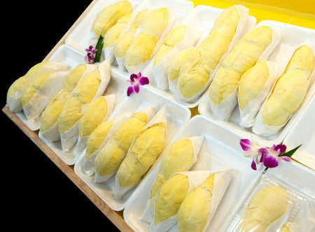 Peeled durian on soft paper on foam box, Thai fruitsの写真素材