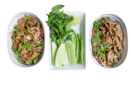 Top view of menu Northeast food of Thai flavors as Sliced grilled beef salad,die cut on white isolated,の写真素材