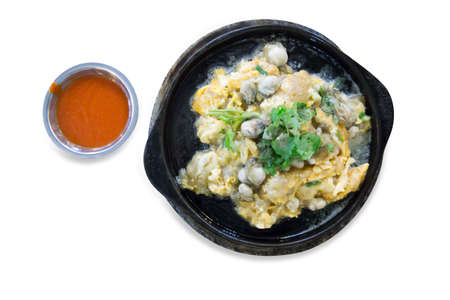 Die cut of Raw Oysters fried in egg batter hot pan on white isolatedの写真素材
