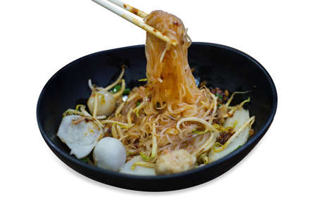 Top view of Noodles with Fish Balls, focus selective