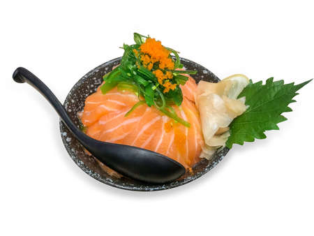 Top view of salmon don, fresh sashimi, raw salmon, salmon roe , wasabi on the Japanese sour rice, focus selectiveの写真素材