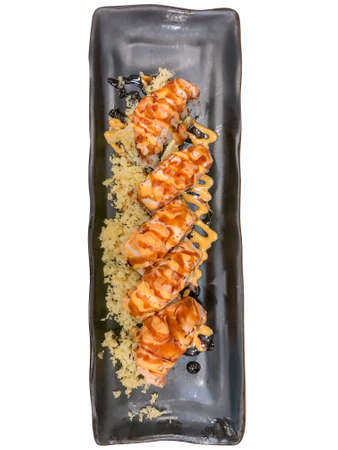 Top view of Salmon Burn Nigiri spicy, focus selectiveの写真素材