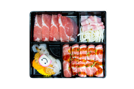 Die cut of Fresh Sliced Pork set on white isolated.の写真素材