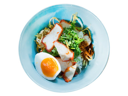 Die cut of Chinese cuisine, noodles with vegetable and roasted pork on white isolated.