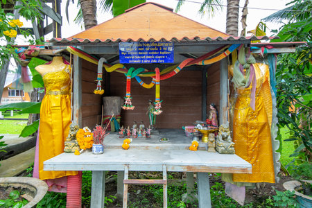 Nonthaburi, Thailand - October 29, 2023 : thai Wood Female Gnome with Thai costume in Nonthaburi Province, Thailandのeditorial素材