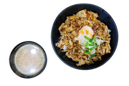 Die cut of Grilled Pork Rice Bowl on white isolated.の写真素材