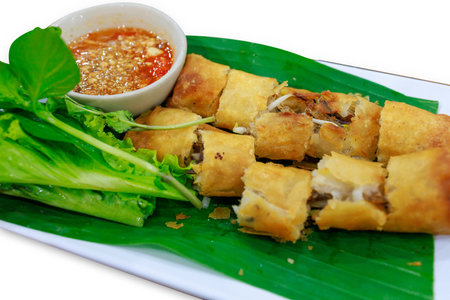 Die cut of Fried spring rolls on white isolated.