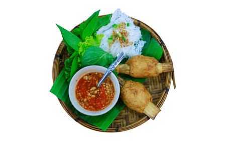 Die cut of Fried Shrimp with Sugar Cane and Rice Vermicelli on white isolated.