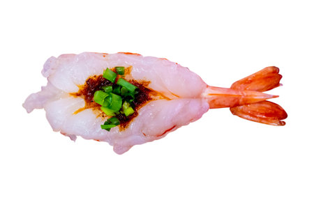 Die cut of Sushi shrimp Japanese food topping with onion on white isolated.の写真素材
