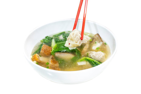 Die cut of Dumpling water or wonton soup on white isolated.の写真素材