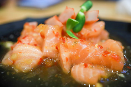 Top view of Spicy Salmon Salad, focus selective