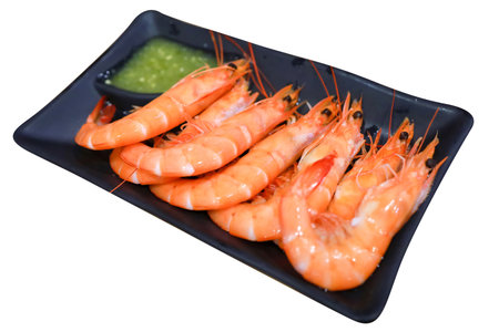 Die cut of boiled fresh shrimp on white isolated.の写真素材