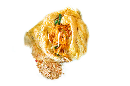 Die cut of Pad Thai wrapped in egg on white isolatedの写真素材