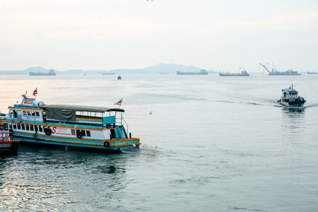 Chonburi Thailand - October 12 2025: View of The speed Ferry boat on the river in the Koh Loi,...