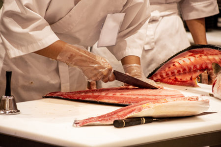 Chef sliced very huge blue fin tuna or Otoro