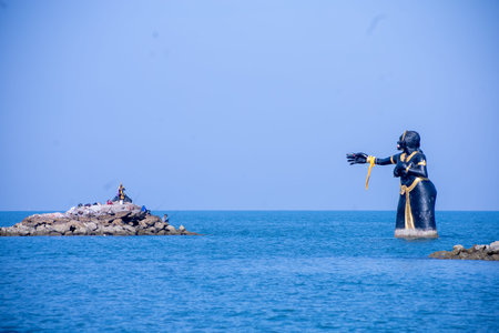Phetchaburi Thailand - January 1 2026: Sculptures of Phra Aphai Mani characters, Nang Phi Suea Samut (Sea Giantess Statue) at Puek Tian Beach, Quiet and relaxing beach, ideal for scenery rather than swimming due to strong waves and rocks in some areasのeditorial素材