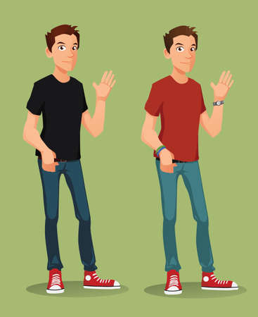 A pair of casualy clothed attractive young men waving cheerfullyのイラスト素材