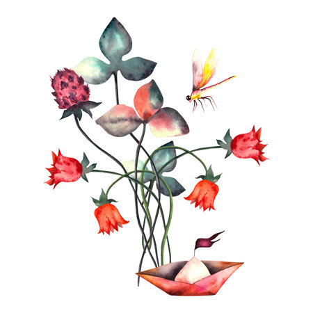Flowers. Watercolor floral set with spring flowers, dragonflies and boatsの写真素材