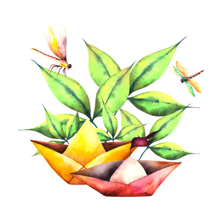 Flowers. Watercolor floral set with spring flowers, dragonflies and boatsの写真素材