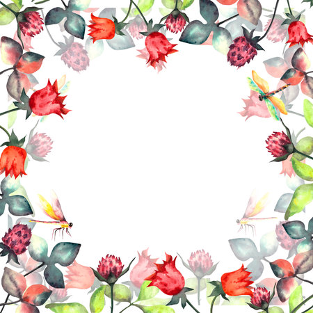 Flowers. Watercolor frame of hand painted spring wild flowersの写真素材