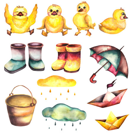 Baby illustration. Watercolor baby set with ducklings, boots umbrella, clouds and shipsの写真素材