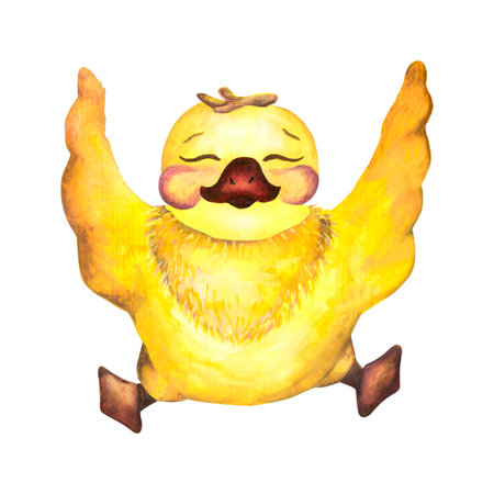 Watercolor baby illustration with ducklings. Duckling. The yellow duckling, watercolor illustration isolated on white backgroundの写真素材