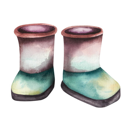 Watercolor baby illustration with boots. Boots. Watercolor illustration isolated on white backgroundの写真素材