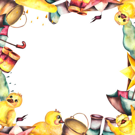Baby illustration. Watercolor baby set with ducklings, boots umbrella and shipsの写真素材