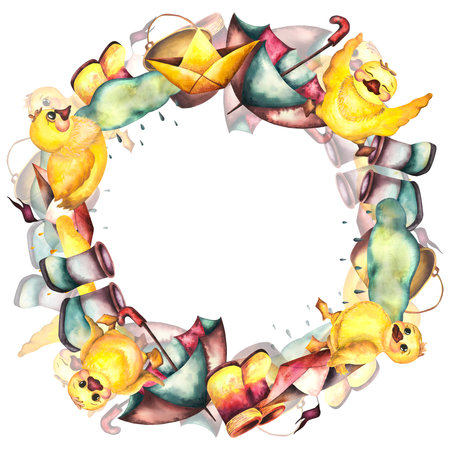 Wreath. Baby illustration. Watercolor baby wreath with ducklings, boots umbrella and shipsの写真素材