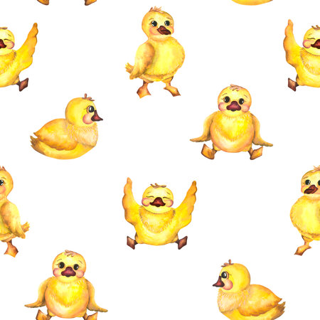 Pattern. Watercolor baby illustration. Watercolor baby pattern with ducklingsの写真素材