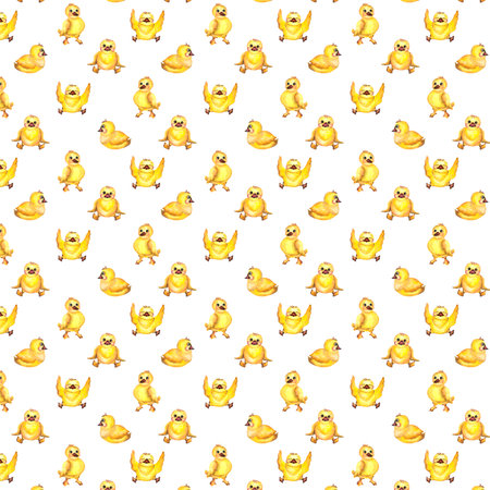 Pattern. Watercolor baby illustration. Watercolor baby pattern with ducklingsの写真素材
